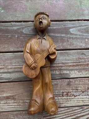 Hand-Carved Wooden Guitar Singer Sculpture - Brown signed 1972